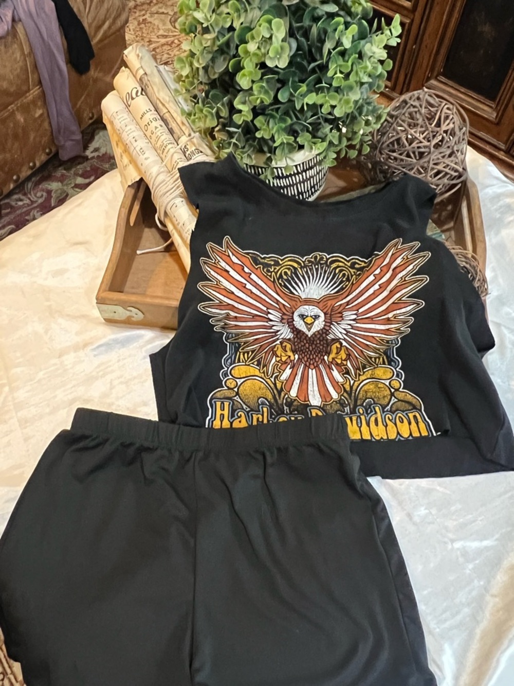 Harley-Davidson Black Crop Tank with Orange & Gold Eagle Graphic